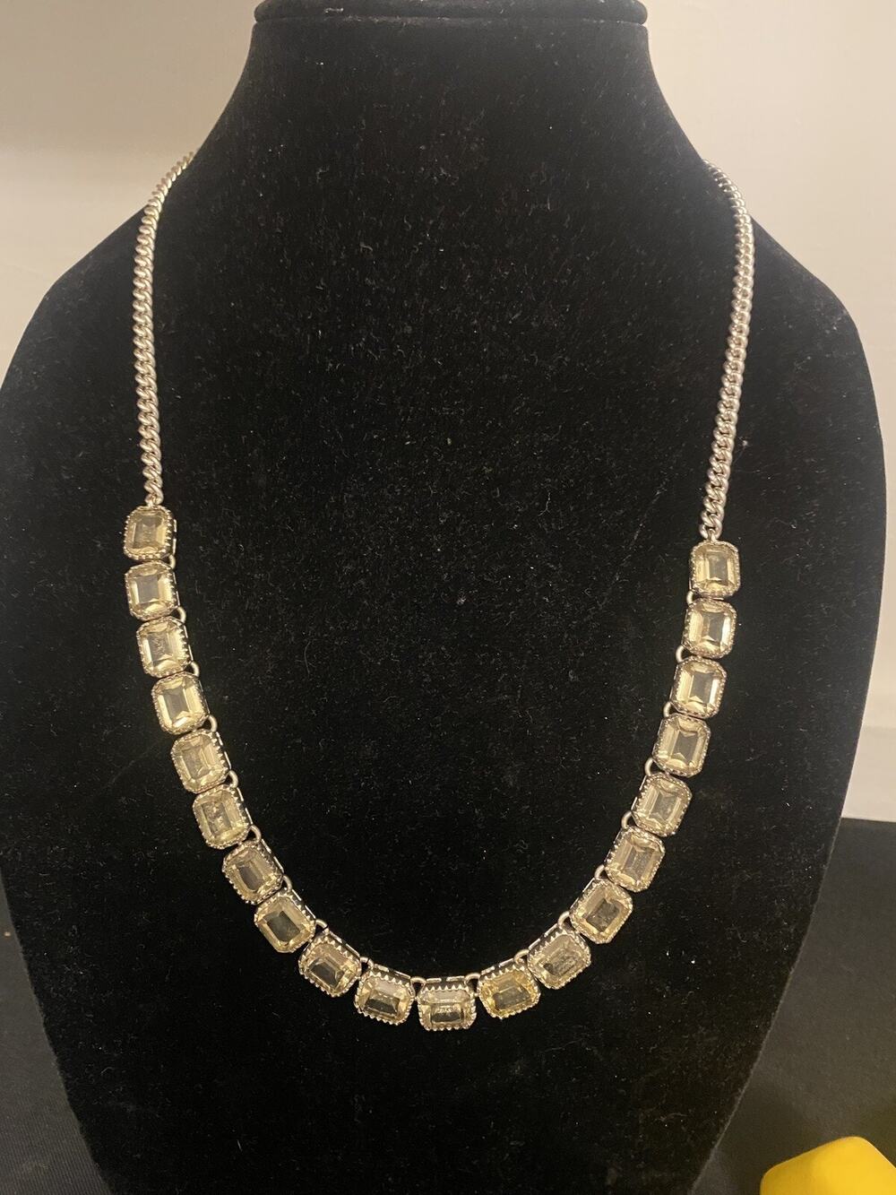 Vtg Signed Fossil Gold Tone Emerald Cut Smokey Topaz Amber Rhinestone Necklace